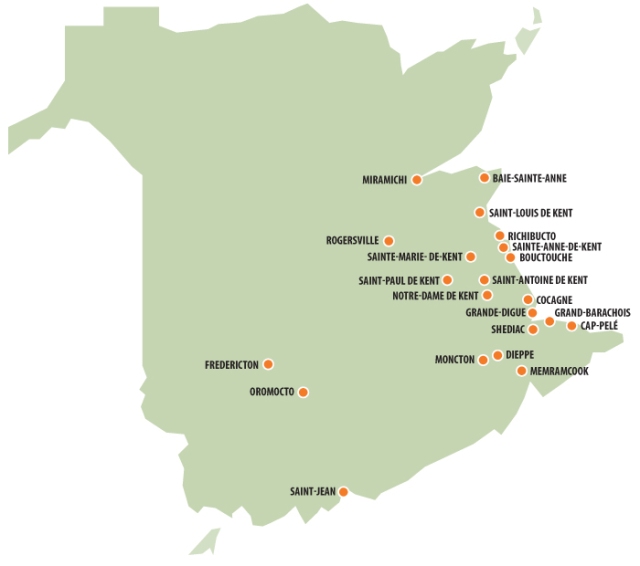 Carte du Nouveau-Brunswick : cherchez Rogersville (c'est à environ 1 h 30 de Moncton).  (francophonesud.nbed.nb.ca/)